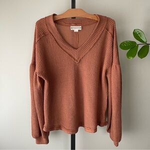 Loveriche Waffle Knit Balloon Statement Sleeve Vneck Pullover Top Blouse Sweater